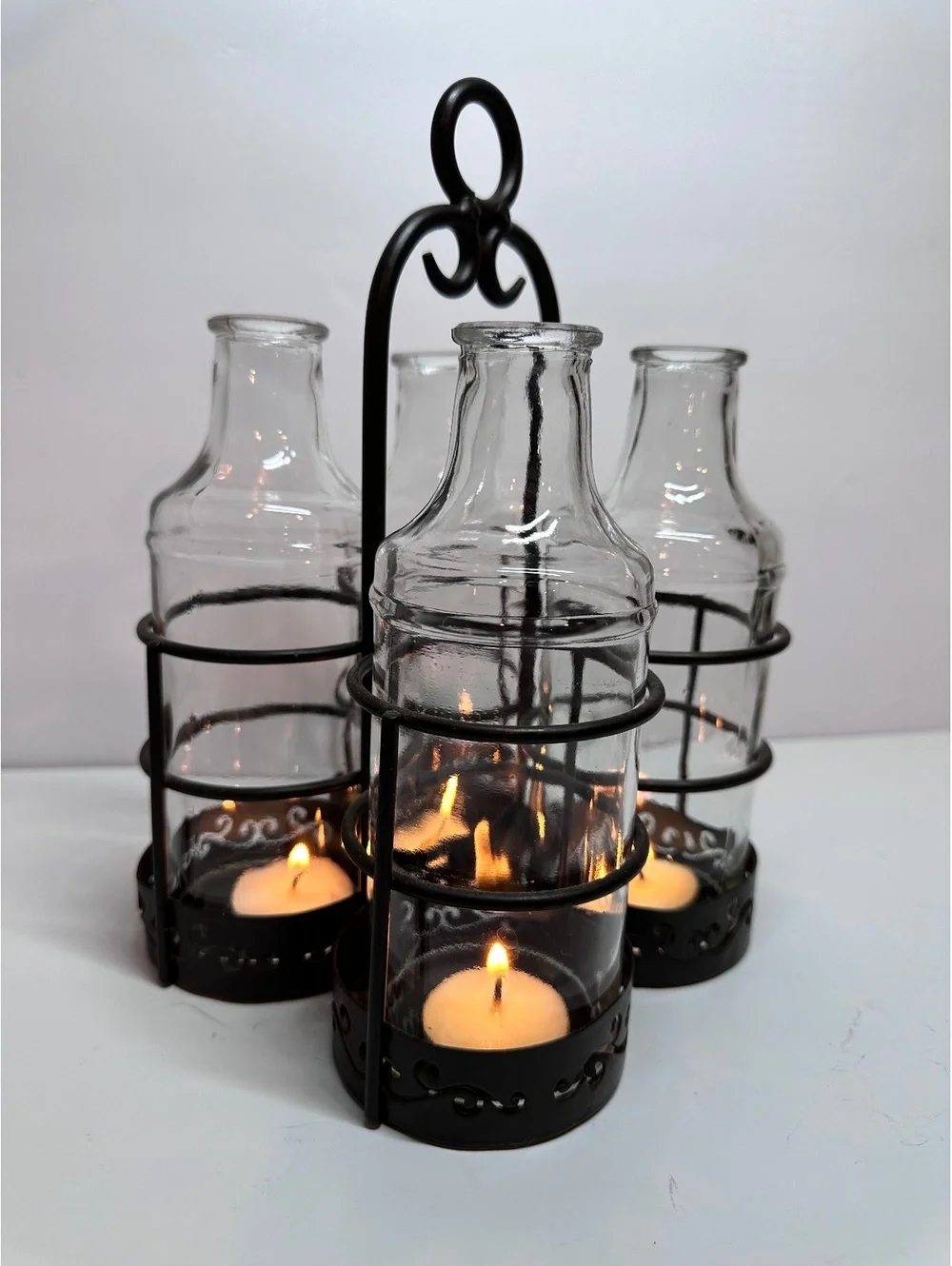 Vintage Rustic Centerpiece 4 Clear Glass Bottles Black Metal Candle Holder